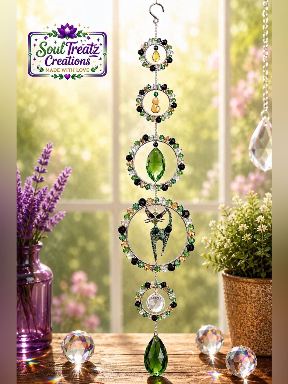 Green, Gold, Black Crystal Beaded Cat Sun Catcher